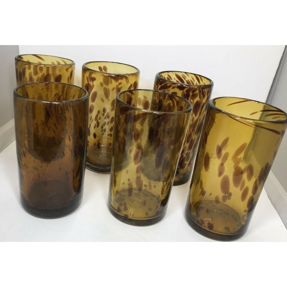 NEW‎ Mexican Hand Blown Amber Spotted Drinking Glasses With Labels SET OF 2